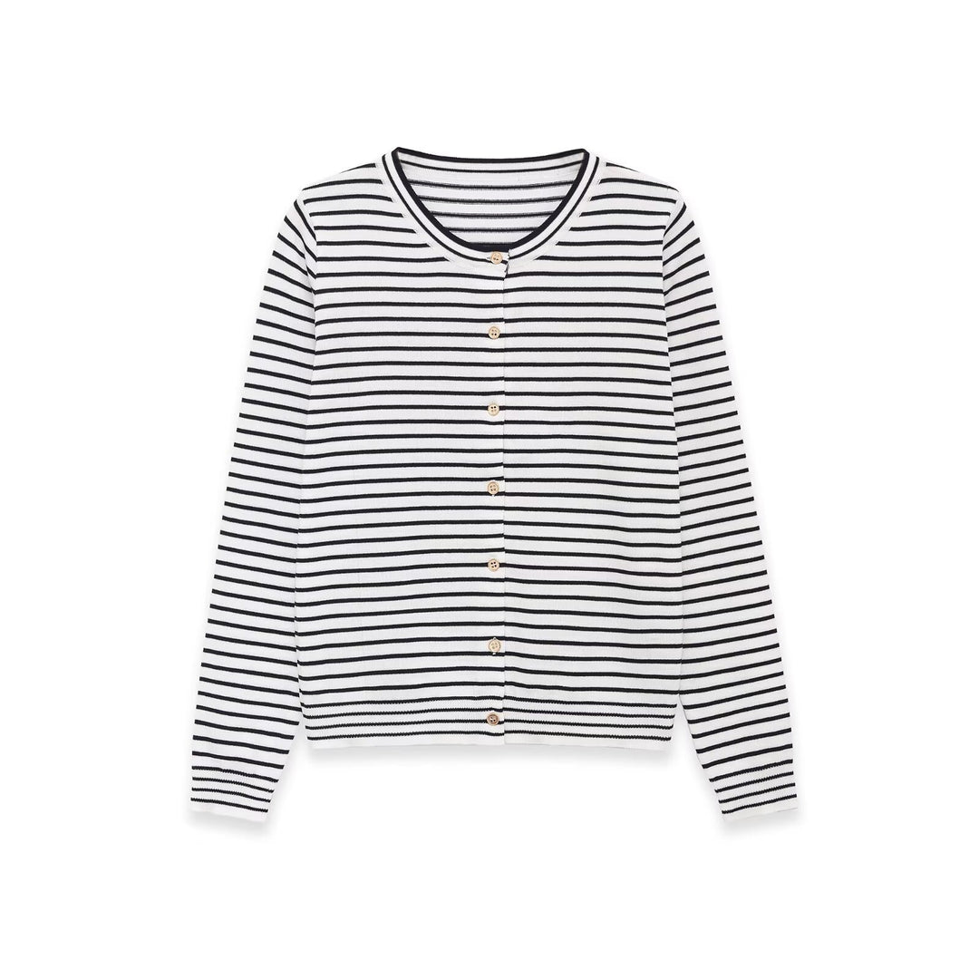 Damen Feinstrick-Cardigan mit maritimem Streifenmuster und Knopfleiste Drune
