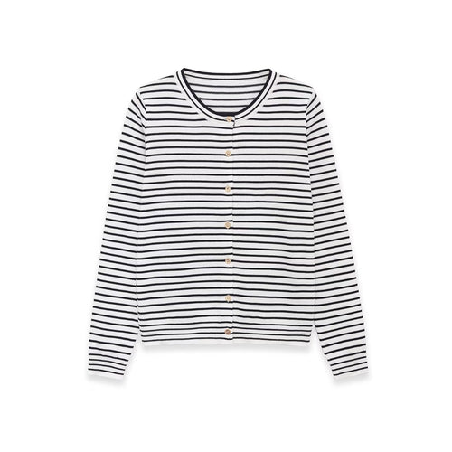 Damen Feinstrick-Cardigan mit maritimem Streifenmuster und Knopfleiste Drune
