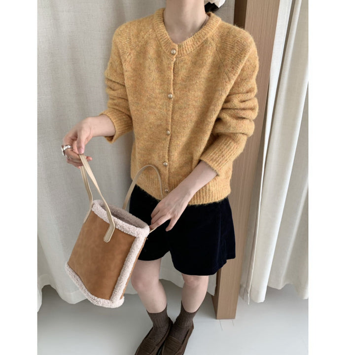 Damen Flauschiger Strickcardigan mit komfortablem Rundhalsausschnitt und echten Knöpfen Drune