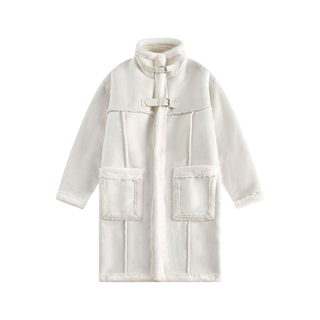 Damen Langer Oversize Lammfell‑Imitat Mantel mit Stehkragen und Schnallenverschluss Drune