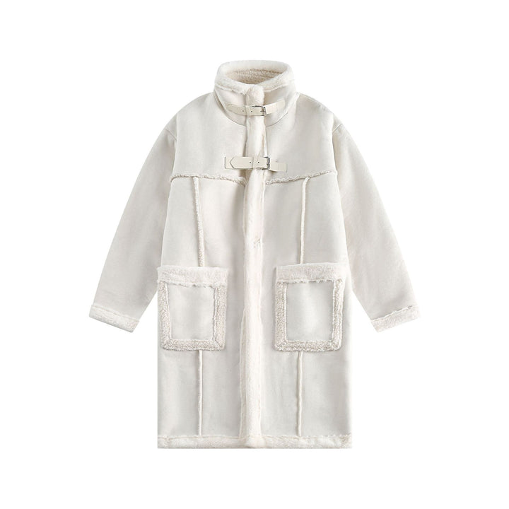 Damen Langer Oversize Lammfell‑Imitat Mantel mit Stehkragen und Schnallenverschluss Drune