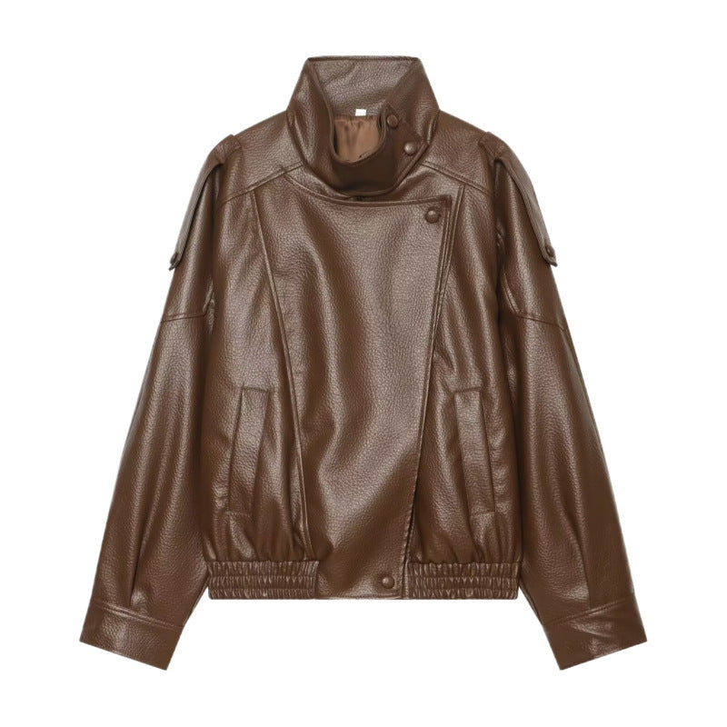 Damen Kunstleder-Bomberjacke mit hohem Stehkragen, asymmetrischem Verschluss und elastischem Saum Drune