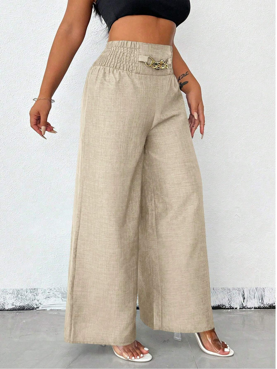 Damen Weite Leinenoptik-Hose mit hohem Smokbund und dekorativer Kettenapplikation Drune