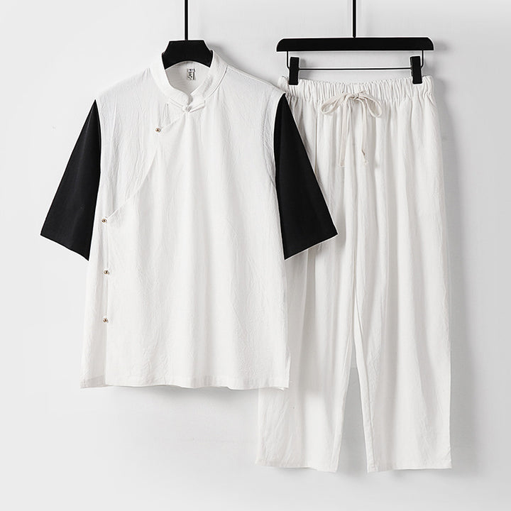 Herren Asymmetrisches Kimono-Loungewear-Set mit Stehkragen und Kordelhose Drune