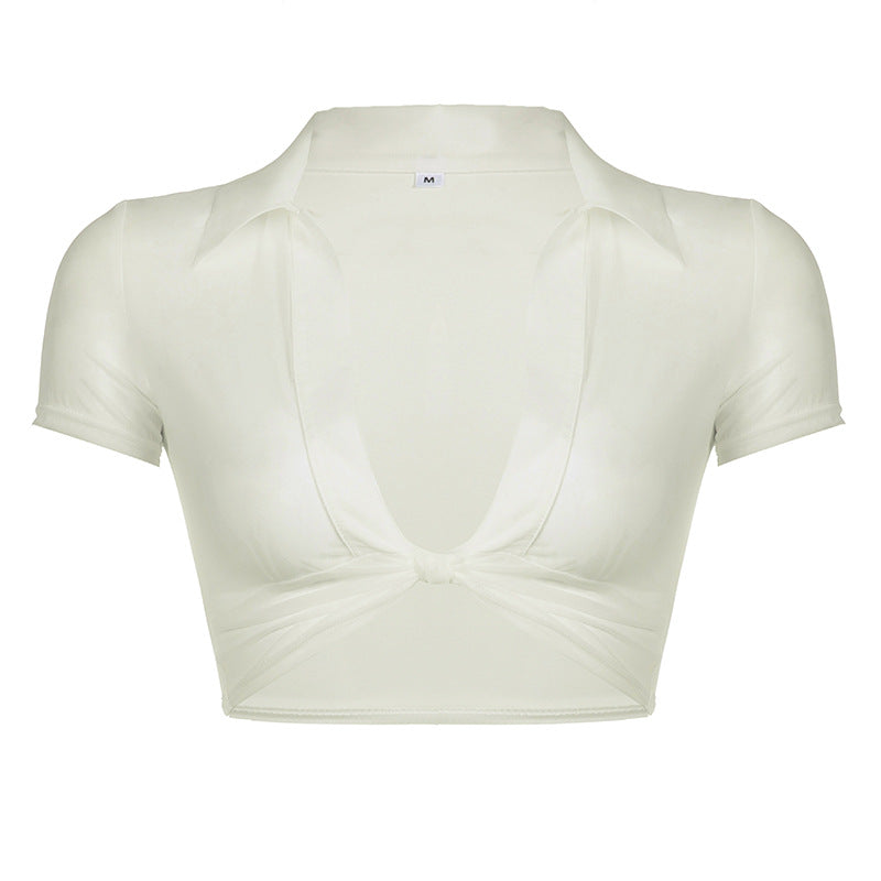 Damen cropped Oberteil mit tiefem V-Ausschnitt und zarter Knotendetailierung Drune