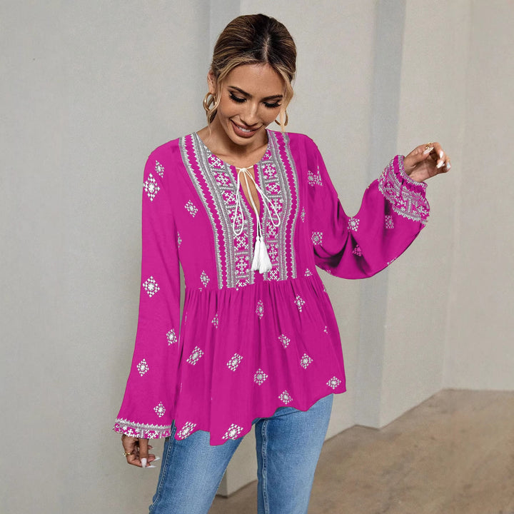 Damen Bestickte Boho-Tunika-Bluse mit Quastenbändern und stufigem Saum Drune