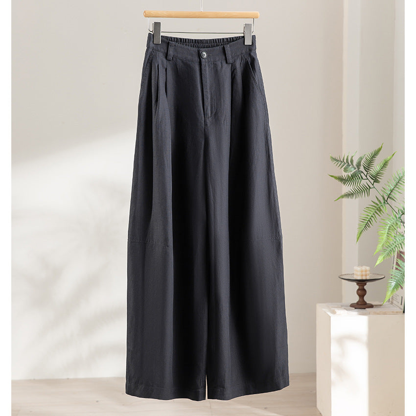 Damen weite Leinenoptik-Hose mit hoher Taille, Bügelfalte und elastischem Rückenteil Drune