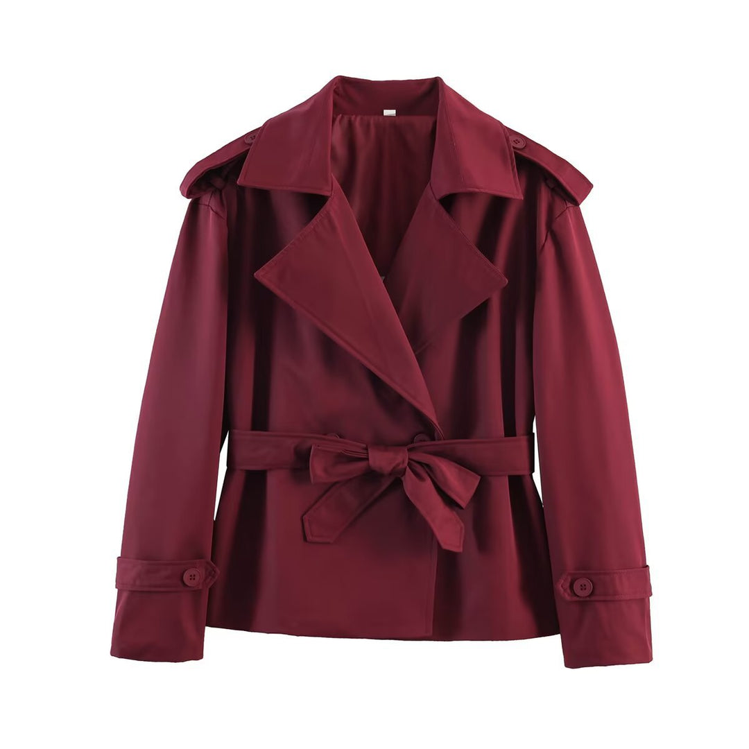 Damen kurzer Trenchcoat mit Taillengürtel, doppelreihiger Front und Schulterklappen Drune