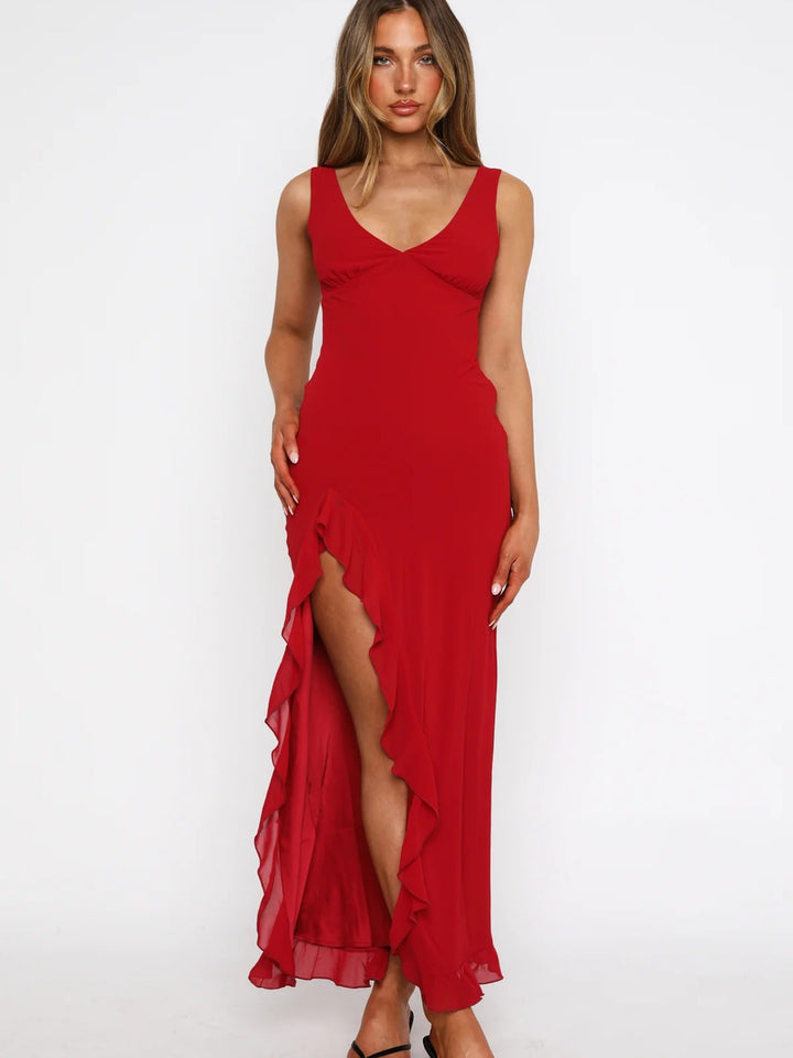Damen Maxikleid mit tiefem Schlitz und eleganten Rüschendetails Drune