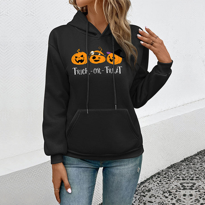 Damen Hoodie mit Halloween-Kürbisprint, Kapuze und Kängurutasche Drune