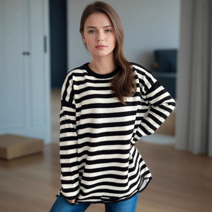 Damen gestrickter Oversized-Pullover mit lässigem Streifenmuster Drune