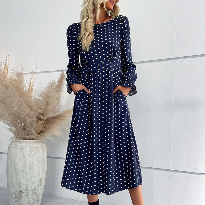 Damen Gepunktetes Midikleid mit geraffter Taille und Ballonärmeln Drune