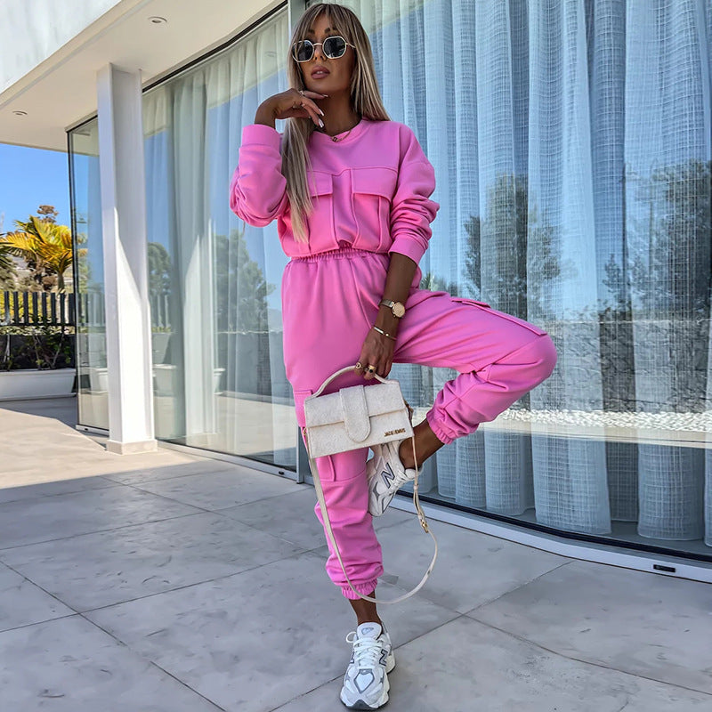 Damen Cargo-Loungewear-Set aus weicher Baumwollmischung mit hoher Taille und aufgesetzten Cargo-Taschen Drune