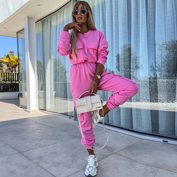 Damen Cargo-Loungewear-Set aus weicher Baumwollmischung mit hoher Taille und aufgesetzten Cargo-Taschen Drune