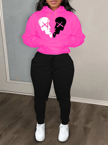 Damen Sportliches Hoodie- und Jogginghose-Set mit kreativem Skull-Motiv Drune