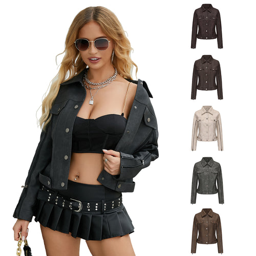 Damen nan kurze Cropped-Truckerjacke aus Wildlederoptik mit seitlichen Reißverschlüssen und aufgesetzten Brusttaschen Drune