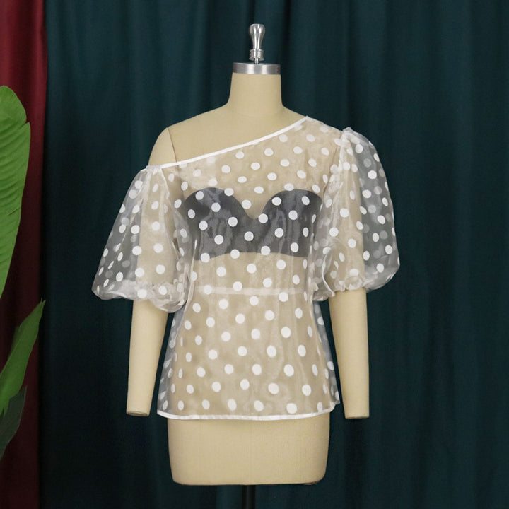 Damen Verspielte Bluse mit transparentem Polka-Punkten Design und Puffärmeln Drune