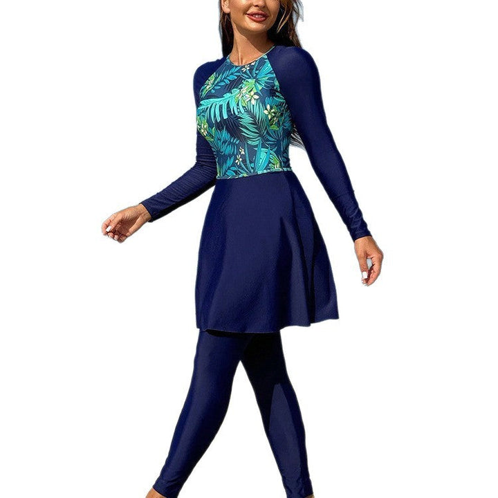 Damen Sportlicher Langärmliger Badeanzug mit Rock Drune