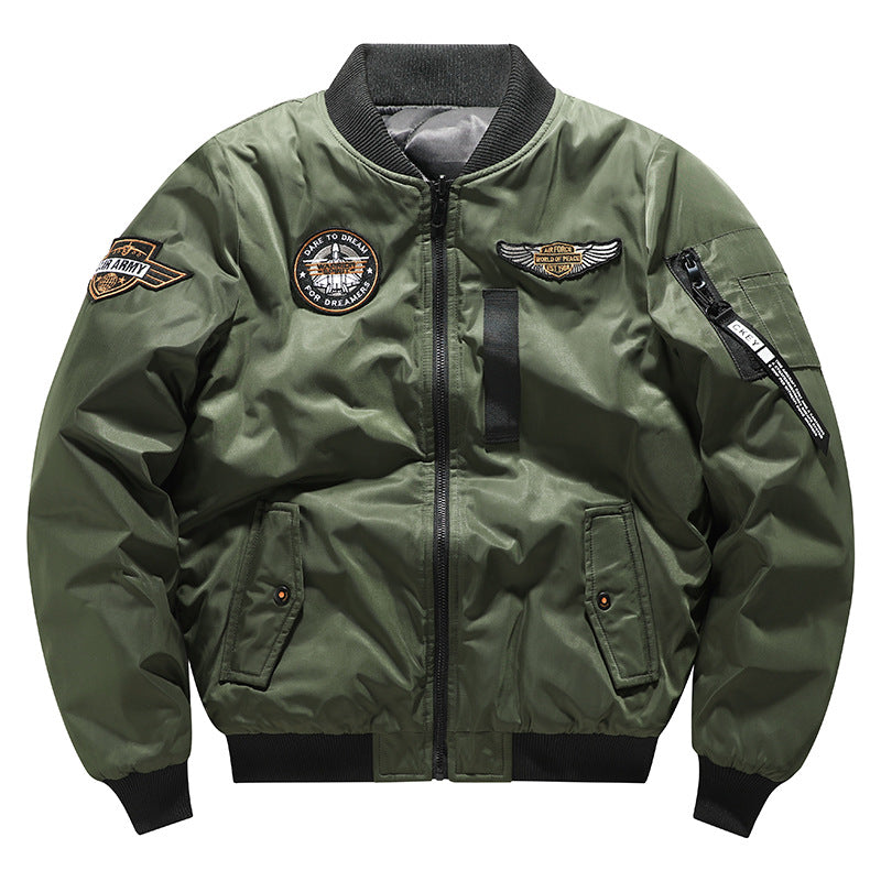 Herren  von der Luftfahrt inspirierte isolierte MA-1 Bomberjacke mit gestickten Missions-Patches und Reißverschluss-Taschen am Ärmel Drune