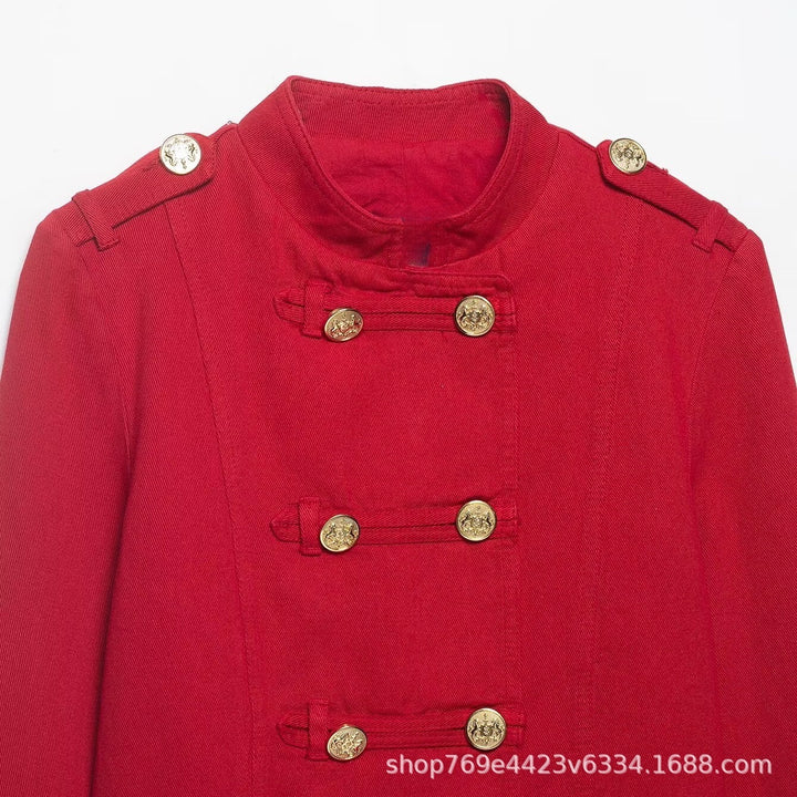 Damen Kurze Militärjacke im Cropped‑Schnitt mit Stehkragen und goldfarbenen Zierknöpfen Drune