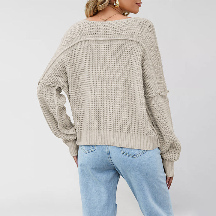 Damen lässiger V-Ausschnitt Strickpullover mit offenen Schultern und strukturiertem Design Drune