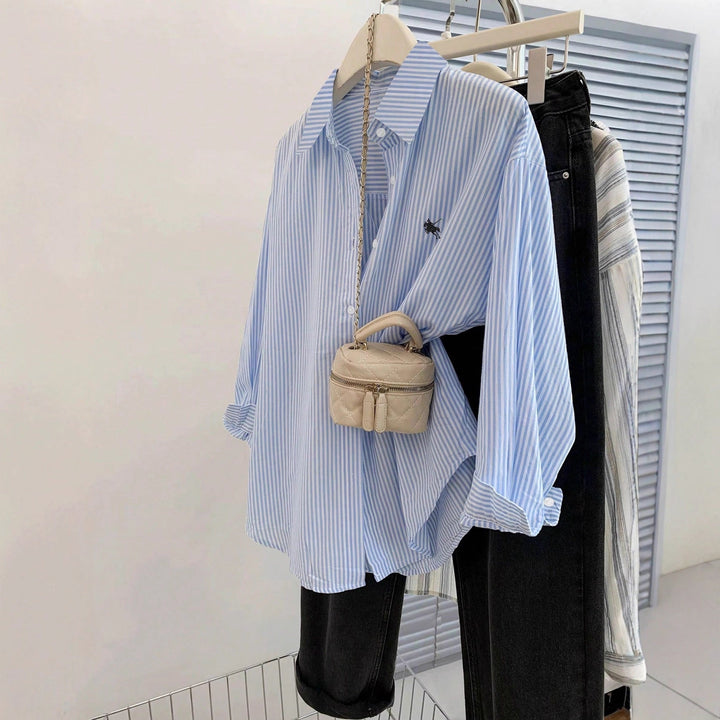 Damen lässige gestreifte Bluse mit überschnittenen Schultern und feinem Baumwollstoff Drune