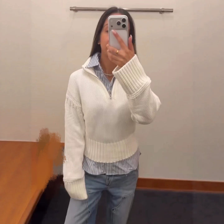 Damen Cropped Strickpullover mit halbem Reißverschluss, Stehkragen und Ballonärmeln Drune