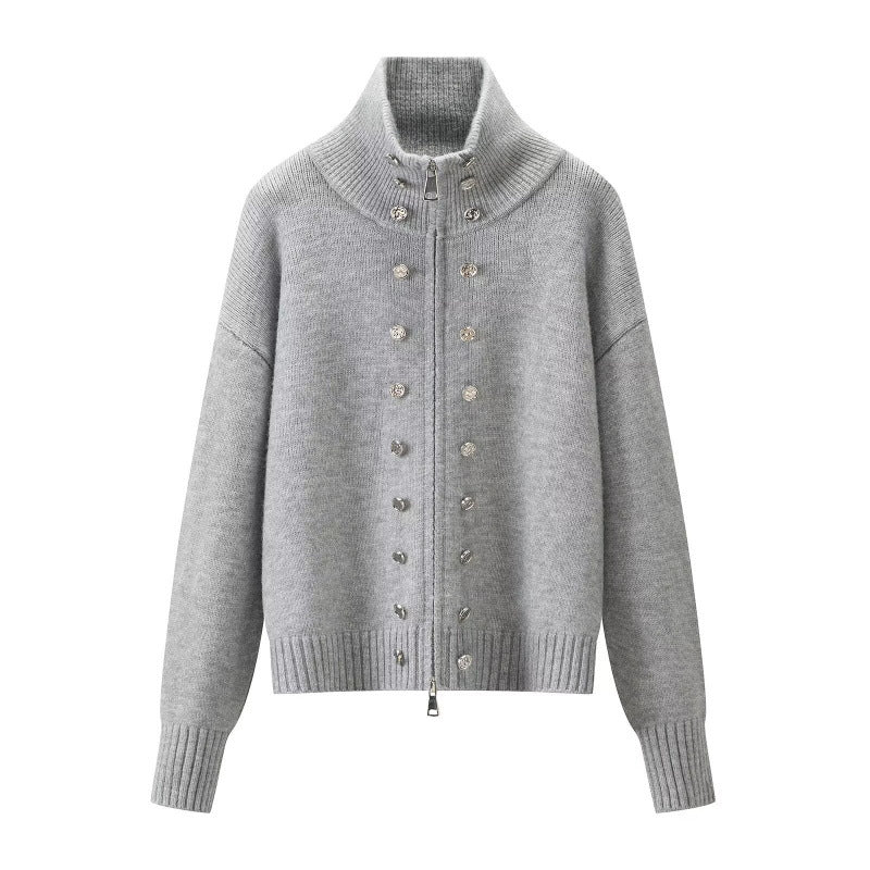 Damen Cropped Strickjacke mit hohem Stehkragen, Zierknopfleiste und Doppelreißverschluss Drune