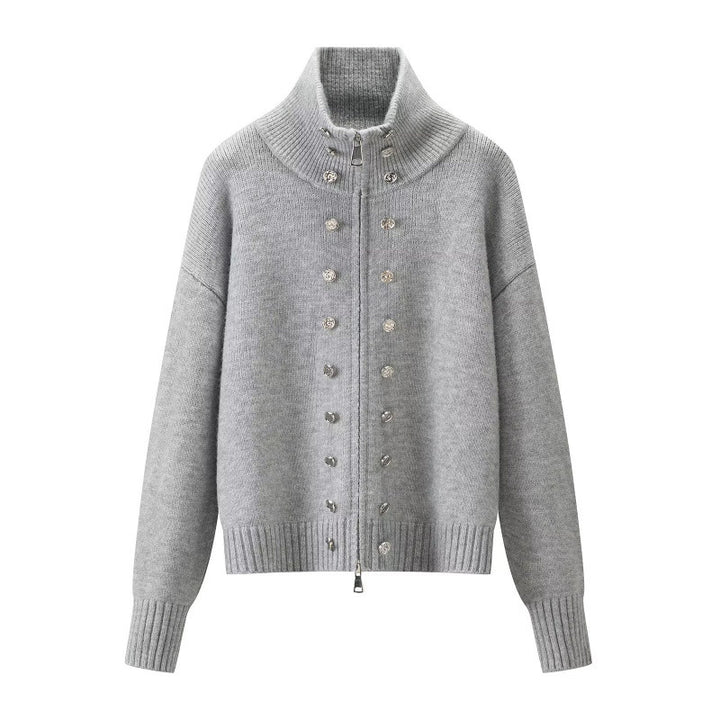 Damen Cropped Strickjacke mit hohem Stehkragen, Zierknopfleiste und Doppelreißverschluss Drune