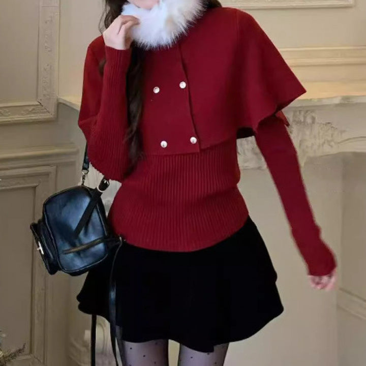 Damen Eleganter Kurzmantel mit abnehmbarem Pelzkragen Drune