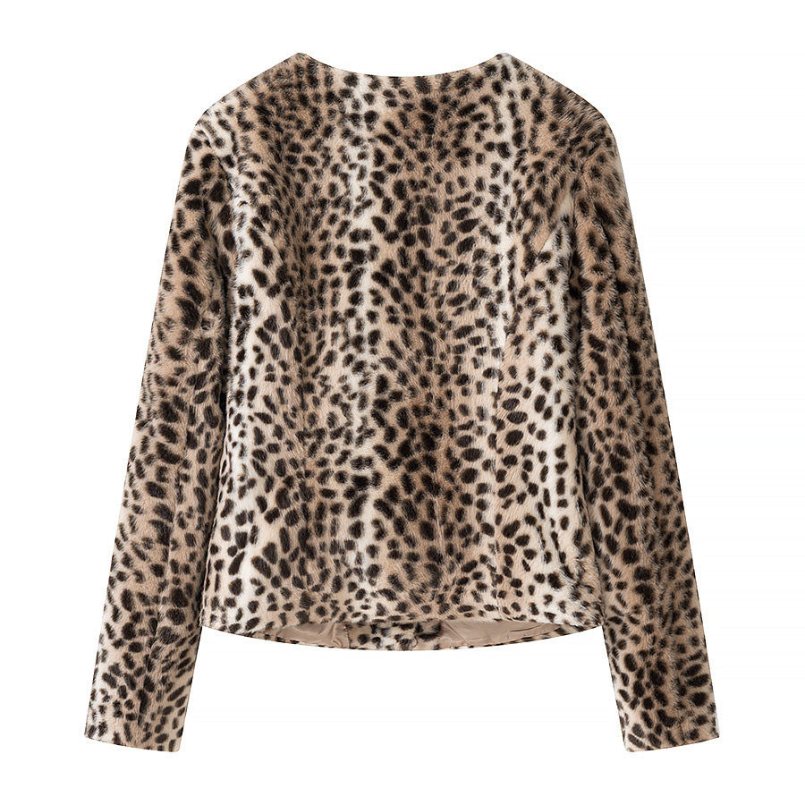 Damen Kurzjacke aus Kunstpelz mit Leopardenmuster und Rundhalsausschnitt Drune