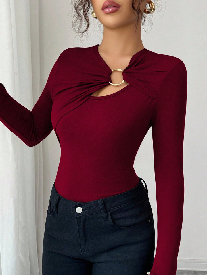 Damen nan figurbetonter Langarm-Body mit Leopardenprint und Zier-Ring Drune