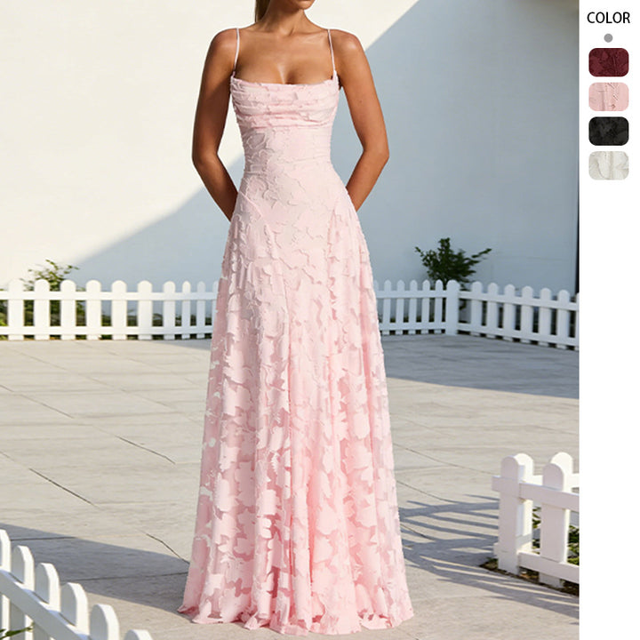 Damen Hochwertiges Maxikleid mit schimmerndem Blumenmuster und eleganten Spaghettiträgern Drune