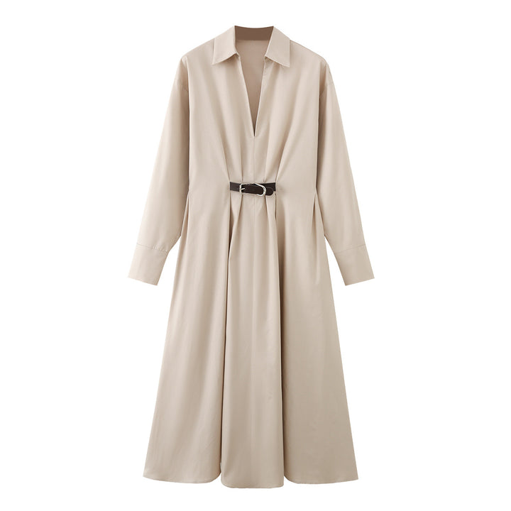Damen Hemd-Maxikleid mit tiefem V-Ausschnitt, Taillenfalten und schmalem Gürtel Drune