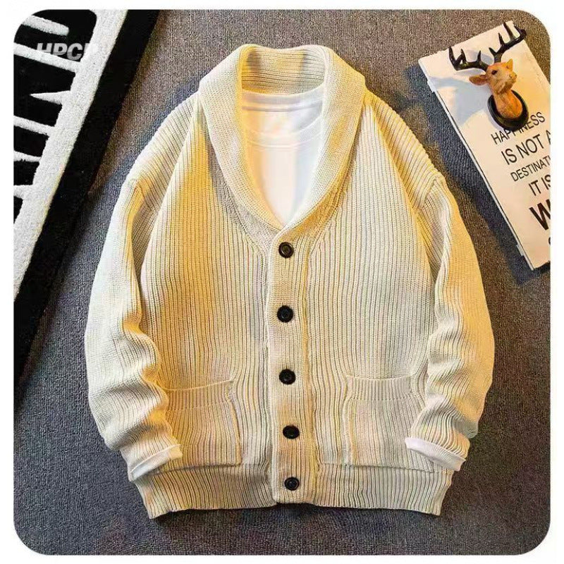 Herren Schalkragen-Cardigan aus grobem Rippstrick mit Taschen & Knopfleiste Drune