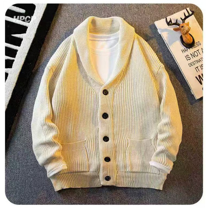 Herren Schalkragen-Cardigan aus grobem Rippstrick mit Taschen & Knopfleiste Drune