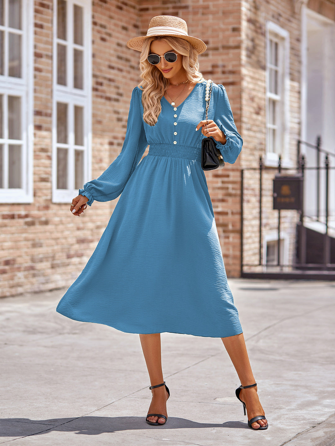 Damen Midikleid mit V-Ausschnitt, geraffter Smock-Taille und Knopfleiste Drune