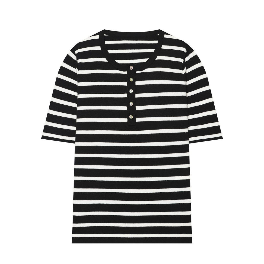 Damen Feinstrick‑Henley mit Knopfleiste und kurzem Ärmel Drune