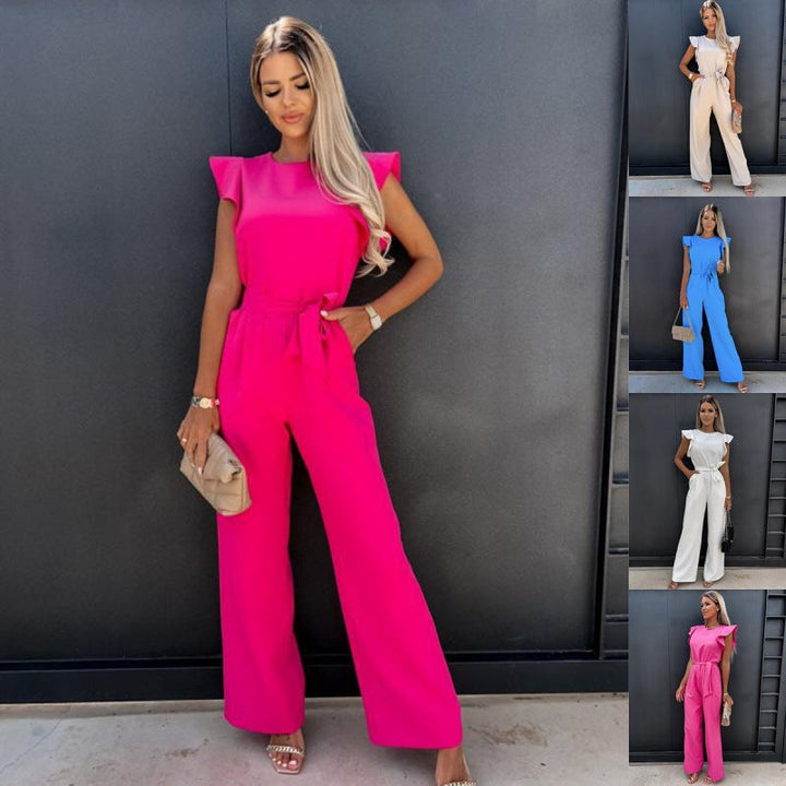 Frauen Fließender Weitbeiniger Jumpsuit mit Rüsche Ärmel Drune