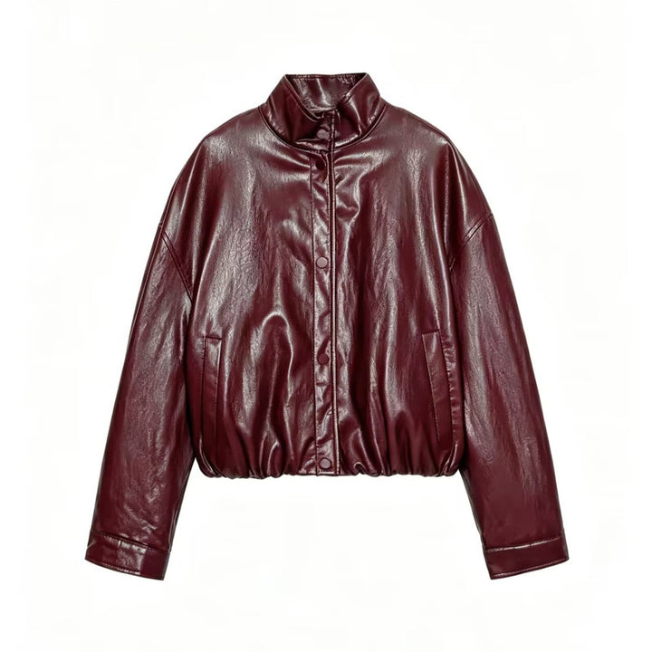 Damen Cropped Kunstleder‑Bomber mit Stehkragen, Druckknopfleiste und elastischem Bund Drune