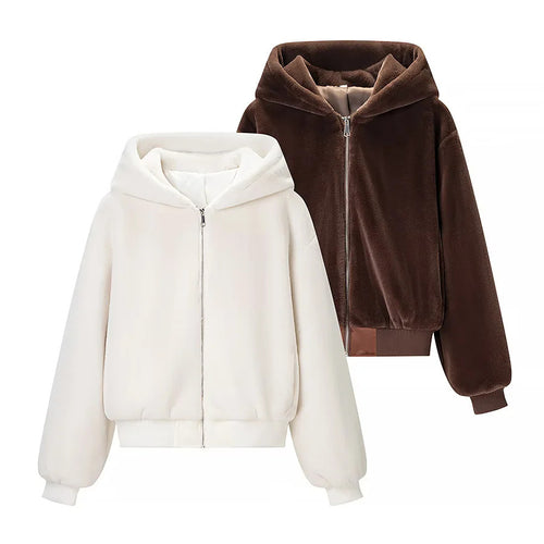 Damen nan wattierte Kapuzenjacke mit kuscheligem Teddyfutter, Reißverschluss und breitem Rippbund Drune