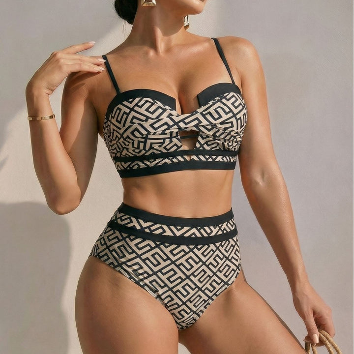 Damen Hoch geschnittener Bikini mit trendigem Cut-Out und geometrischem Muster Drune