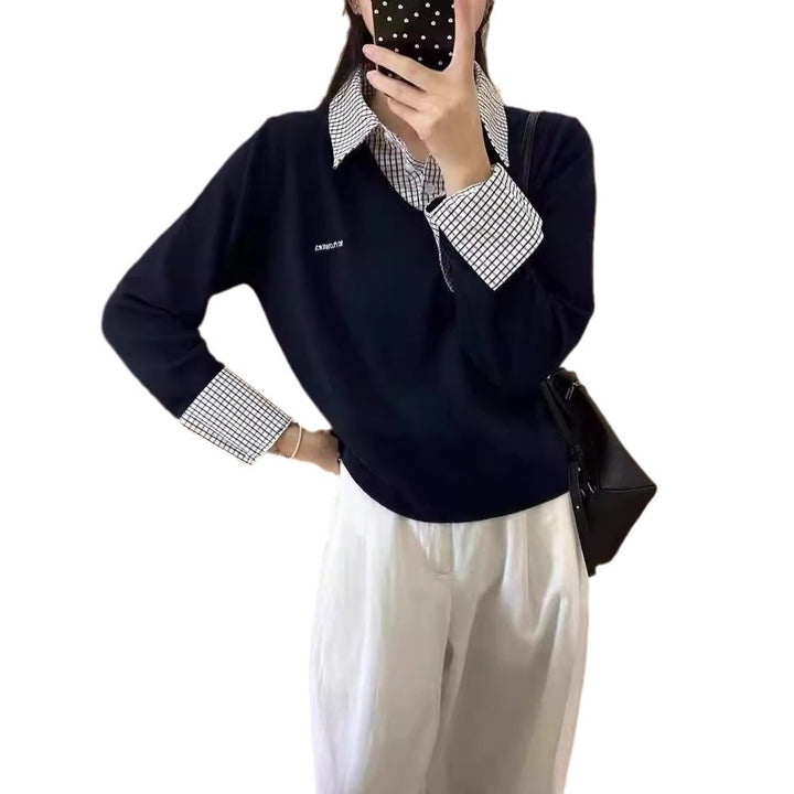 Damen lässiger V-Pullover mit Hemdkragen und ausgefallenem Design Drune