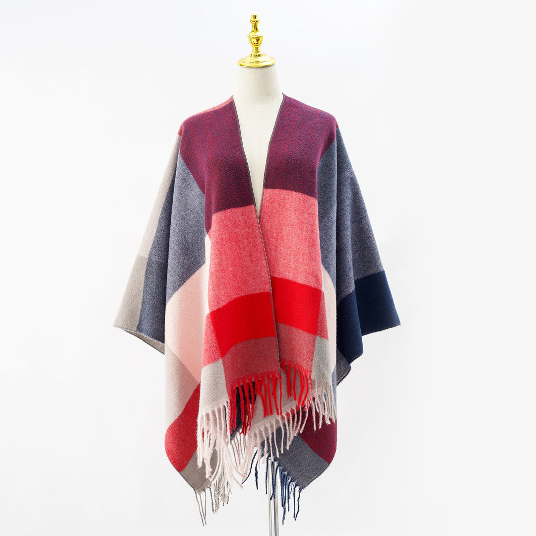 Damen Weiches Oversize-Cape aus Wollmischung mit großem Blockmuster und Fransensaum Drune