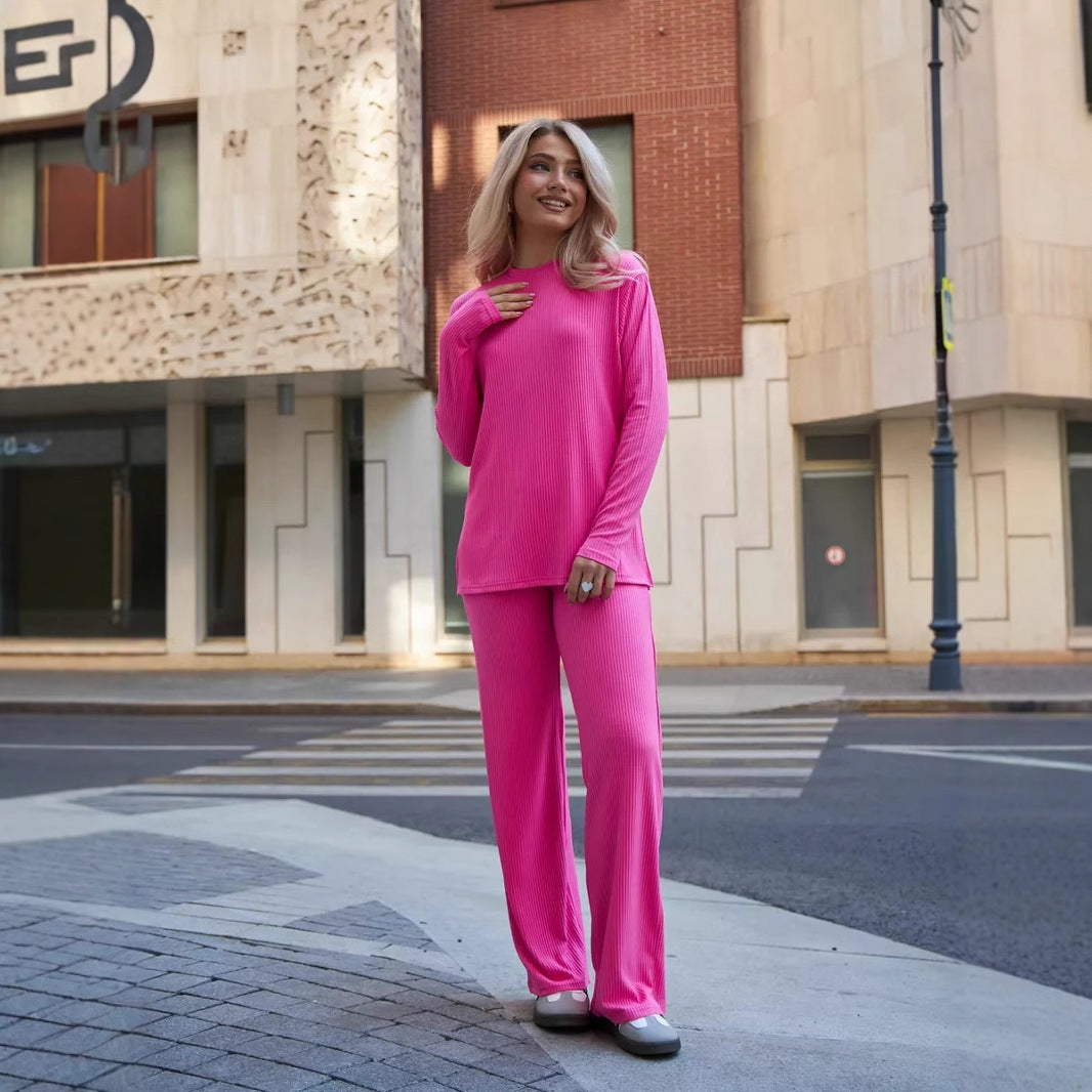 Damen lässiges Strick-Loungewear-Set mit Rippenstruktur und weitem Bein Drune