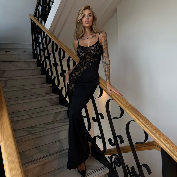 Damen Elegantes Langarm-Maxikleid mit filigraner Spitzenapplikation Drune