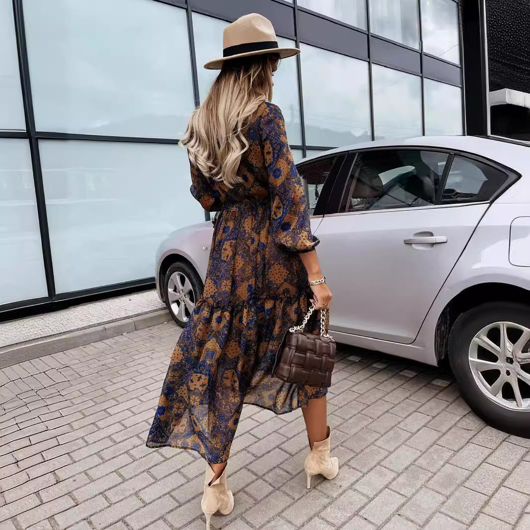 Damen Maxi-Kleid mit fließendem Rüschensaum und elegantem Druck Drune