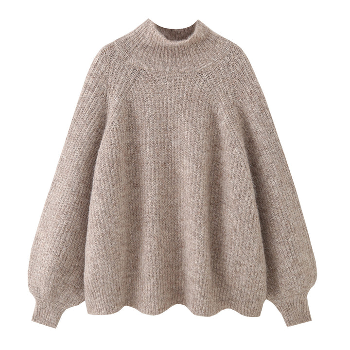 Damen Oversize Mohair-Optik Strickpullover mit Stehkragen und Ballonärmeln Drune