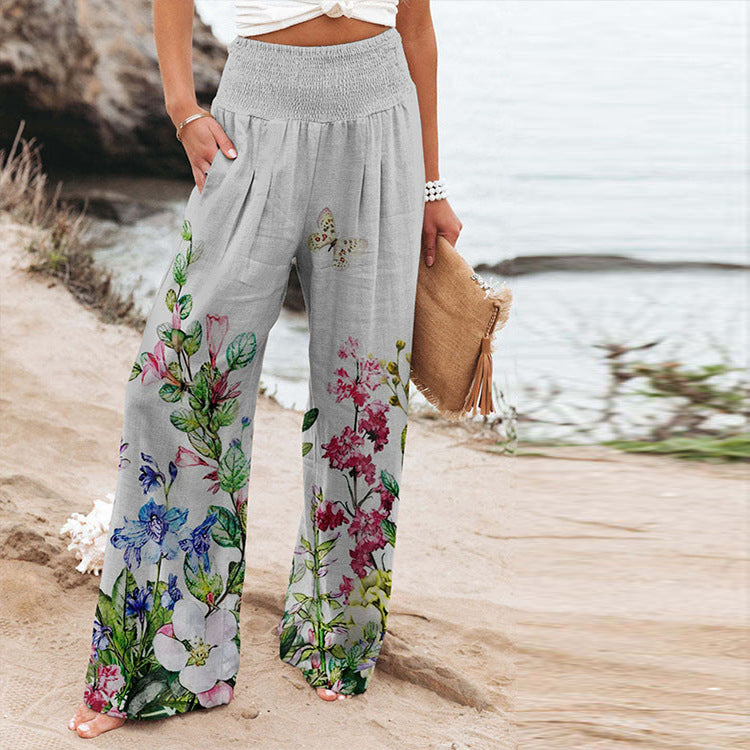 Damen Weite Sommerhose mit floralem Design und elastischem Bund Drune