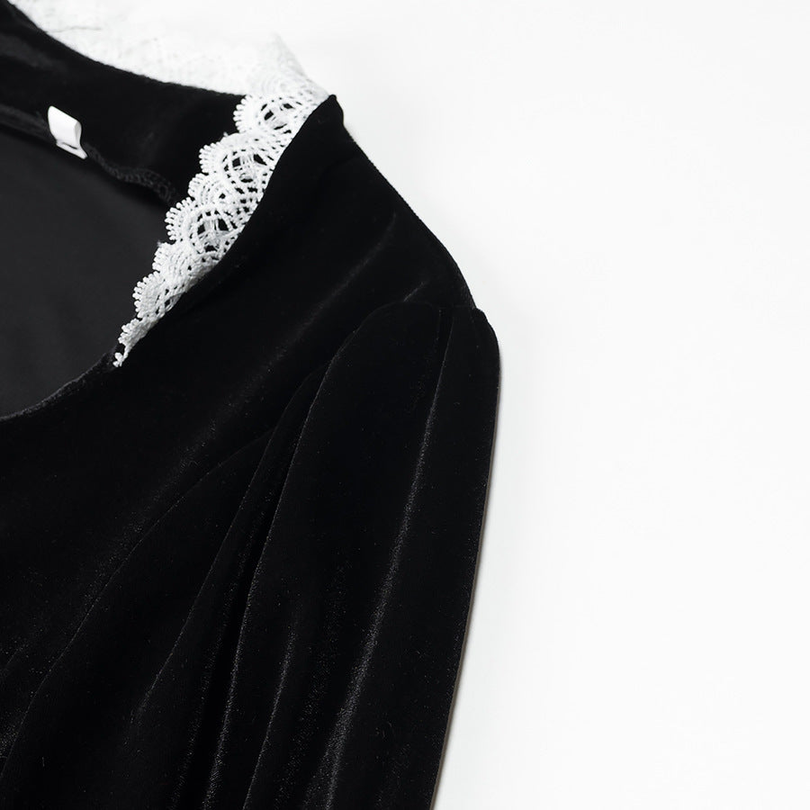 Damen Maxikleid aus Samt mit quadratischem Ausschnitt, Puffärmeln und Spitzenbesatz Drune